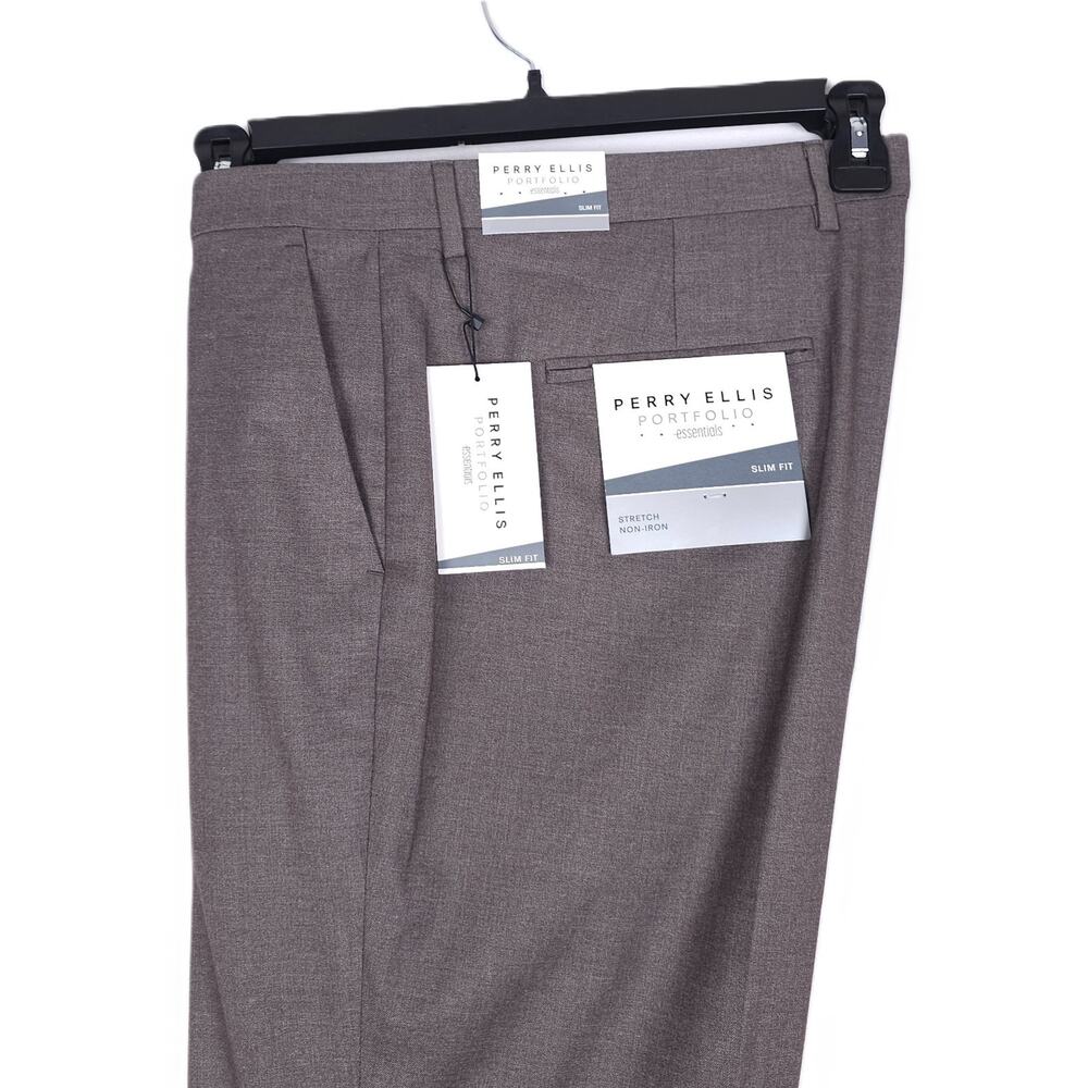 Perry Ellis Mens Slim Fit Dress Pants 38x30 Major Brown Solid Stretch Twill NWT